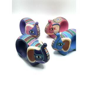 4 Folk Art Elephant Napkins Rings Pottery Terracotta Red Clay Hand Painted